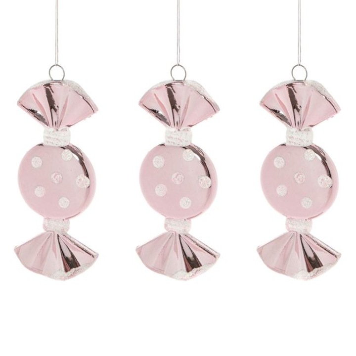 Set 3 ornamente bomboane roz, pentru decorarea bradului de Craciun, cu buline albe, 9cm