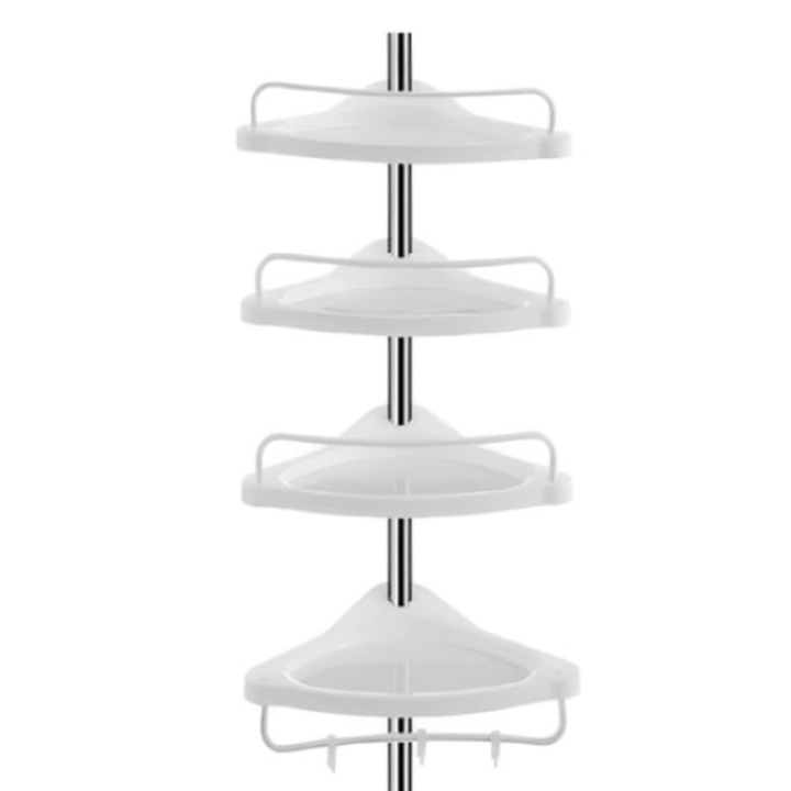 Raft reglabil pentru baie, din metal, cu 4 rafturi din plastic, montare telescopica, cu finisaj lucios, alb