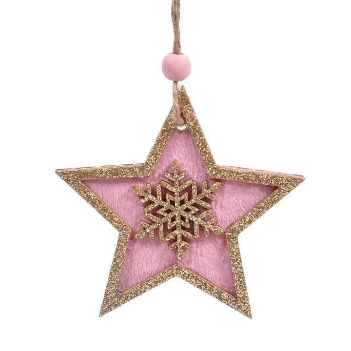 Ornament Brad de Craciun Shopiens®, din lemn, Stea Roz Catifelata cu Fulg Glitter Sampanie, 8.5 cm