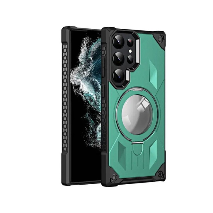 Husa Ring Stand G-Tech, Compatibila cu Samsung Galaxy S22 Ultra, Antisoc Defender, Compatibila cu incarcarea wireless MagSafe, Functie stand, Policarbonat, Verde