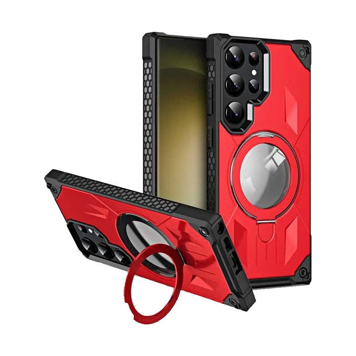 Калъф G-Tech Ring Stand, Съвместим със Samsung S22 Ultra, Antisoc Defender, Съвместим с безжично зареждане, Функция Стойка, Поликарбонат, Червен