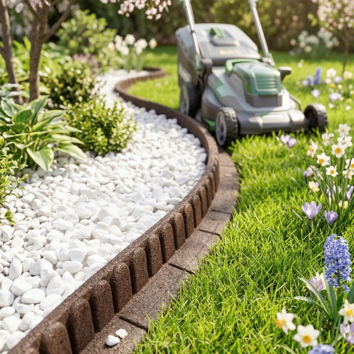 Bordura Gradina, e-floor, Mowing Edge, 120 x 7 x 8 cm, Maro, Cauciuc Reciclat, Faciliteaza Cosirea La Margini, Flexibila, Rezistenta La Inghet, Certificat REACH, Montaj Simplu, Durabila, Set 4 Tarusi Inclus