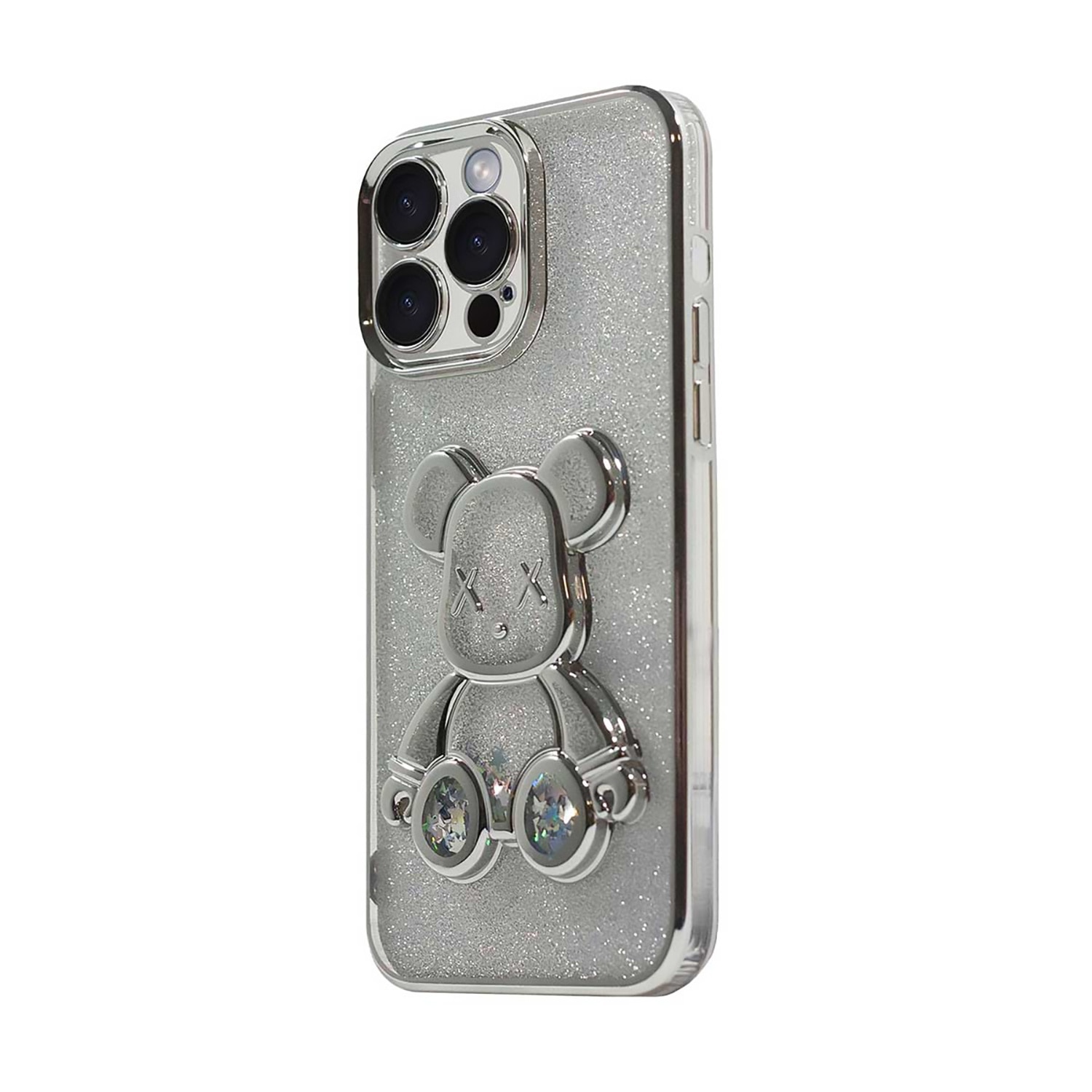 Husa de protectie compatibila Apple iPhone 15 Pro Max, Urs 3D, TPU, protectie camera, Argintiu