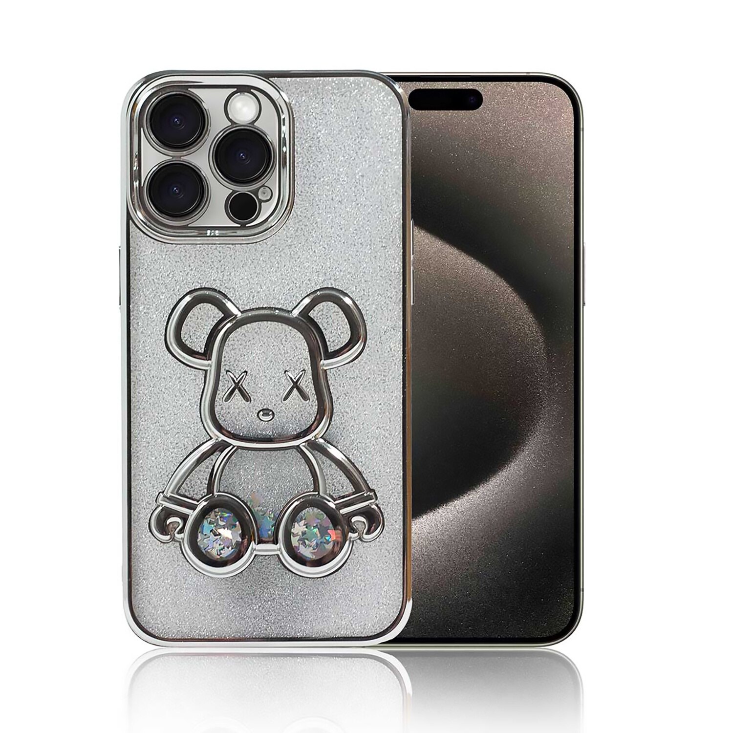 Husa de protectie compatibila Apple iPhone 15 Pro Max, Urs 3D, TPU, protectie camera, Argintiu