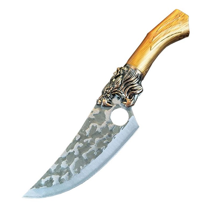 Cutit japonez de bucatarie DEPOX®, Tiger Claw, 29 cm, maro, teaca piele ecologica