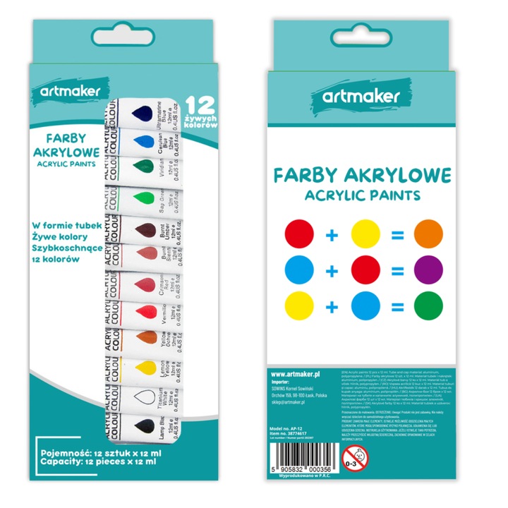 Acrilic 12 Culori, Artmaker®, 12 x 12 ml, Cu Pensula, Pentru Copii, Adulti Sau Artisti, Multicolor