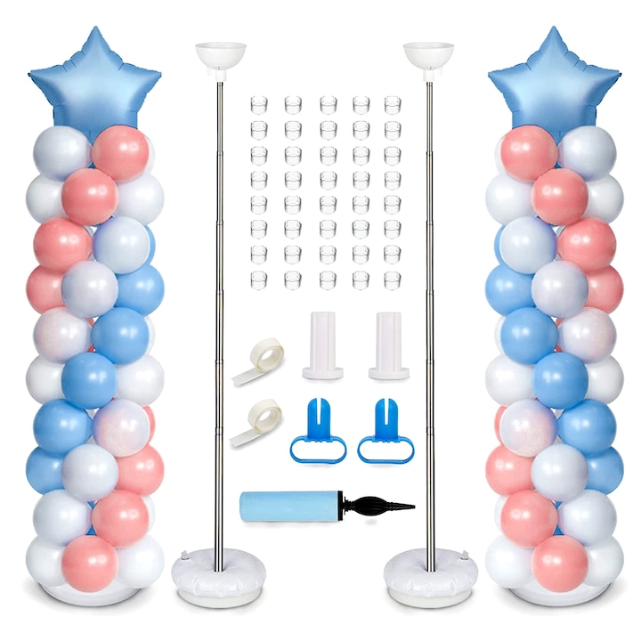Set 2 suport baloane, Zggzerg, Cu baza, Metal telescopic Pillar Balloon Stand, Pentru Baby Shower Absolvire Ziua de nastere Nunta petrecere, Inaltime reglabila de la 40 la 200 cm, Multicolor