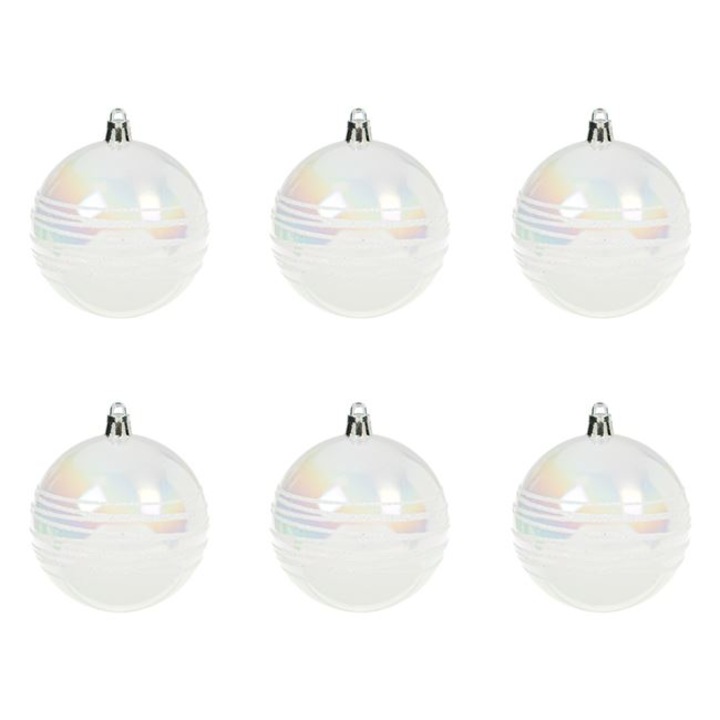 Set 6 globuri albe, pentru decorarea bradului de Craciun, cu linii de sclipici, 8cm