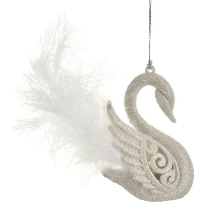 Ornament Brad de Craciun Shopiens®, model Lebada Alba cu Glitter Irizat si Pene, 8 x 10 cm