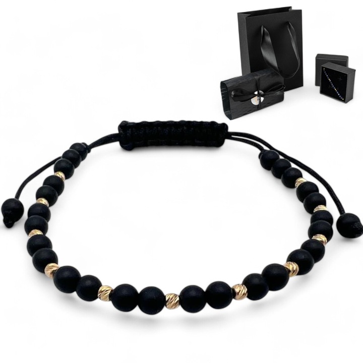 Bratara cu bile din aur si pietre negre Onix mat 2 Arpatia, Unisex, reglabila + Ambalare Cutie de Bijuterii Cadou