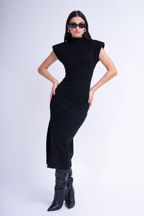 Rochie midi cu umeri supradimensionati si slit lateral, Bluzat, Neagra, Masura, Negru