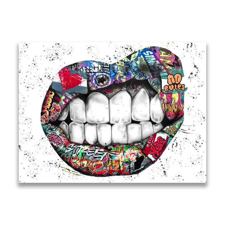 Първокласна картина на платно, LuxCanva® A1120, графити за устни, 45 X 60 CM, 100% памучно платно 400g/m2, дървена рамка, улично изкуство, устни, цветни, абстрактни, Vibrant Colors