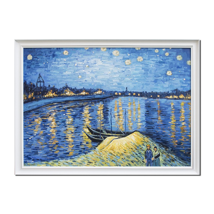 Tablou celebru inramat pictat manual, Noapte instelata peste Ron, 110x80cm pictura ulei pe panza reproducere Vincent van Gogh
