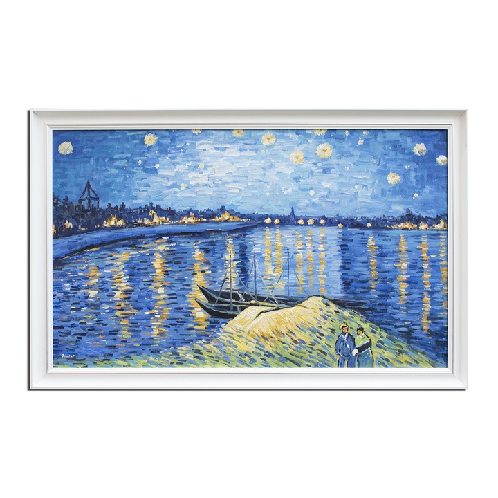 Tablou celebru inramat pictat manual, Noapte instelata peste Ron, 110x70cm pictura ulei pe panza reproducere Vincent van Gogh