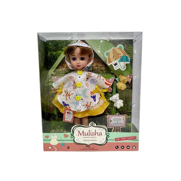 Papusa Emily Mulisha cu accesorii ursuleti si pelerina de ploaie, 30 cm