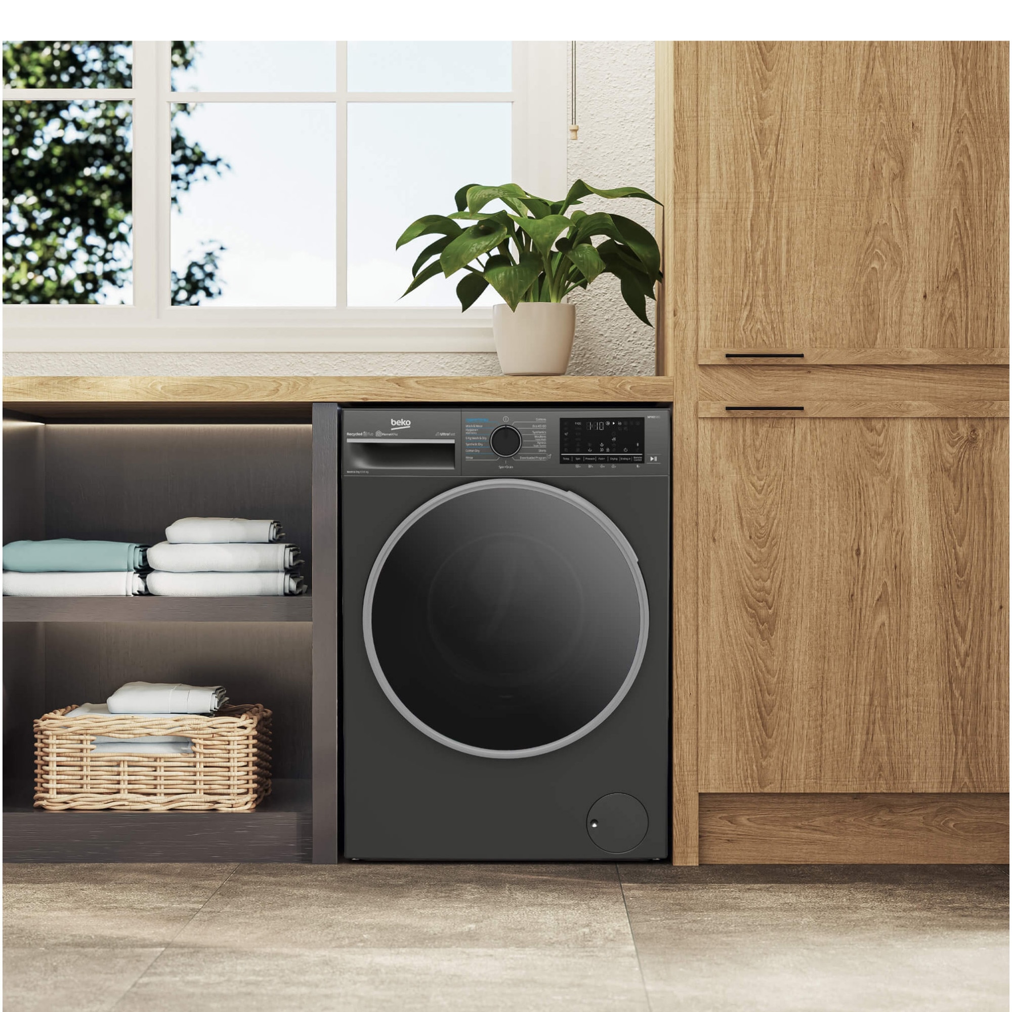 Masina de spalat rufe cu uscator BEKO B5DFT510442M, 10 kg spalare, 6 kg uscare, Clasa A, 1400 RPM, Motor ProSmart Inverter, HomeWhiz, SteamCure, UltraFast, AddXtra, Gri
