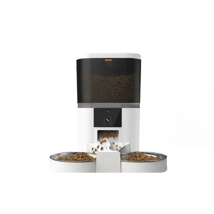 Автоматична двойна хранилка Ambrasmart за кучета и котки, FullHD видео камера, звук при хранене, програмируема, 6 литра, приложение за телефон, бяла
