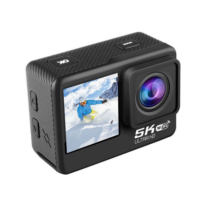 Camera video de actiune sport IARMAC, WIFI, 5K@30FPS, 4K@60FPS, 24MP, Ultra HD, Carcasa Waterproof, doua ecrane, Touch screen, rezistenta la apa 30 m, raza 170D, stabilizare electronica a imaginii (EIS), impermeabila, Neagra