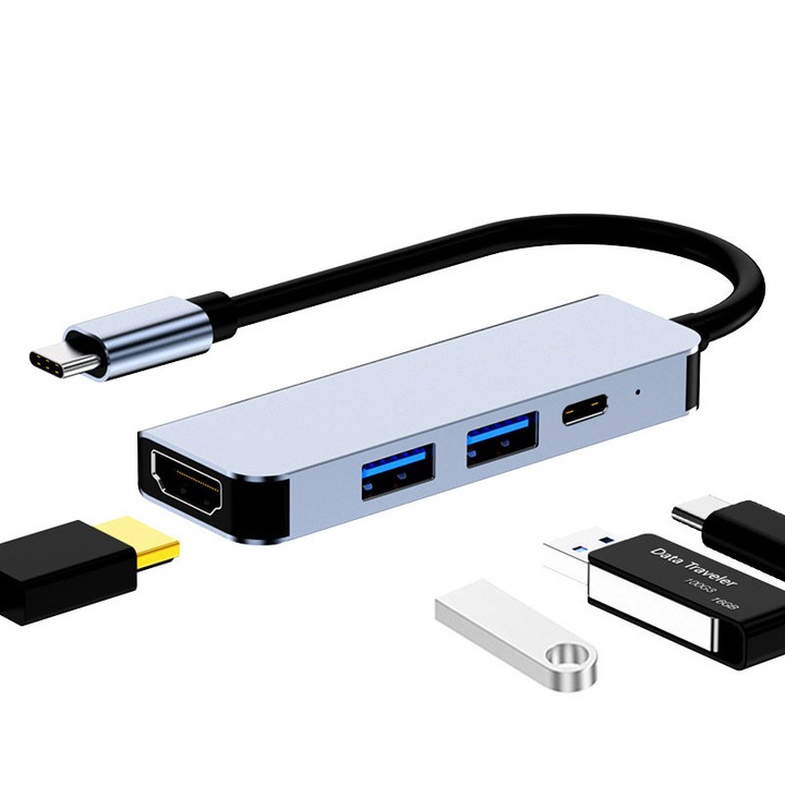 Adaptor Hub HDMI 4 in 1, Bolongking®, Hub USB tip C la HDTV Adaptor multiport Display 4K cu 100W PD Incarcare port USB 3.0, Gri
