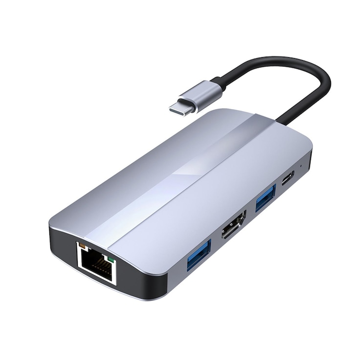 Hub USB-C, Bolongking, 9in1, Tip C la 4k - Adaptor compatibil cu Rj45 / cititor de carduri Pd Fast Charge, Argintiu