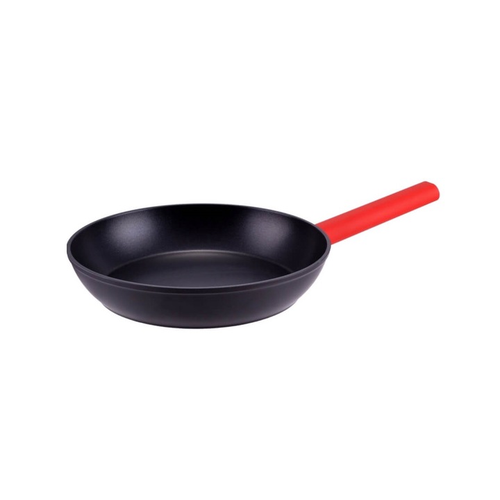Tigaie universala, aluminiu, non-stick, neagra, cu maner invelit in silicon rosu, pentru toate tipurile de aragaz, 25 cm