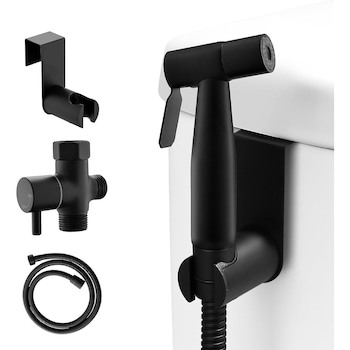 Set Dus Igienic Elindor® pentru Igiena Intima, Baterie Bideu si WC din Otel Inoxidabil, Adaptor T + Furtun Flexibil + Para + Agatatoare, Presiune Reglabila, Filet 1/2, Negru