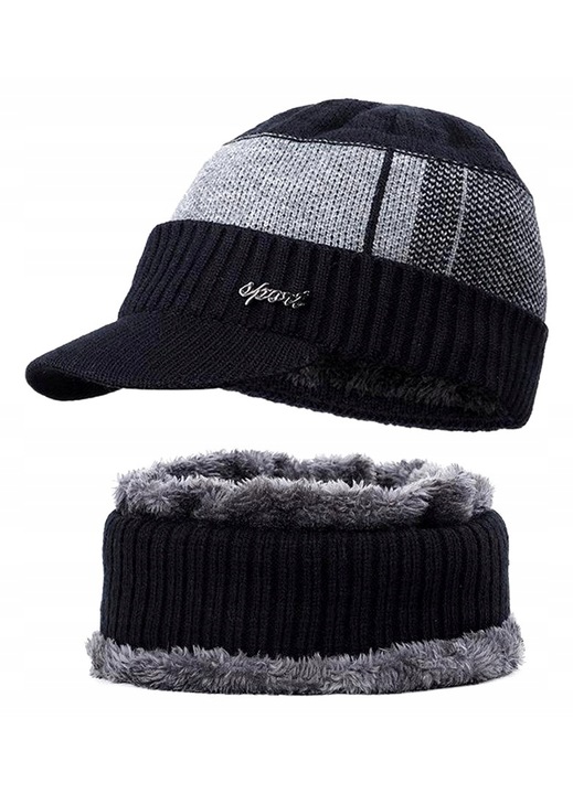 Set palarie si esarfa barbati, pentru iarna, calduroasa, moale, eleganta, Edibazzar, Acrilic, Negru, 55-62 CM