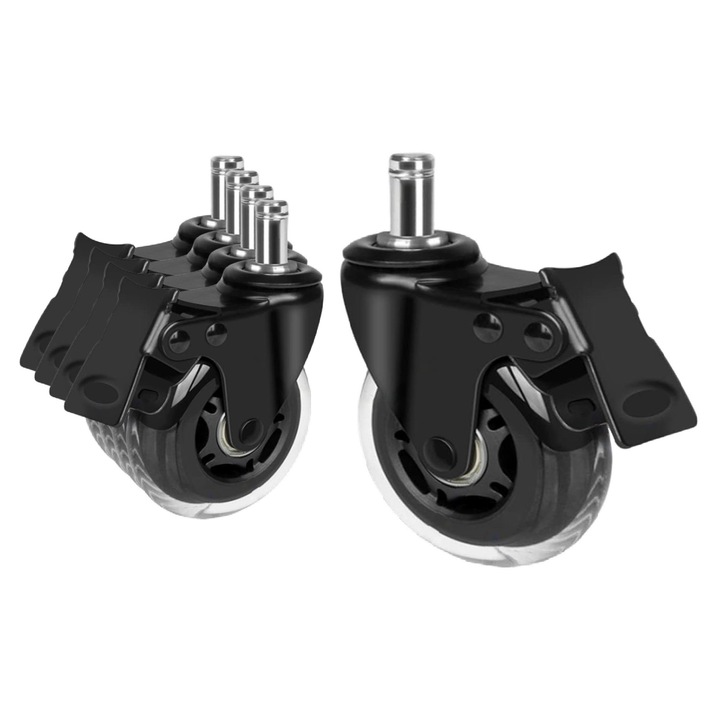 Set de 5 roti silicon profesional Arka Chairs RA900T, 270kg, 2,5 inch transparant, tija 11mm, frana pe 5 roti pentru scaun de gaming/birou