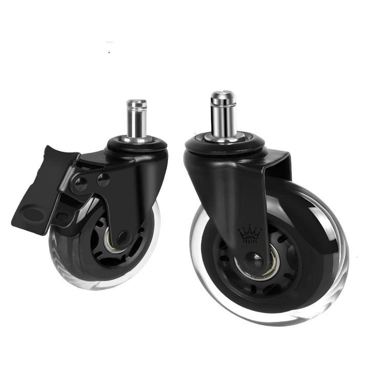 Set de 5 roti silicon profesional Arka Chairs RB900T, 270kg, 2, 5 inch transparant, tija 11mm, frana pe 2 roti pentru scaun de gaming/birou