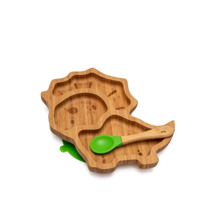 Farfurie diversificare din bambus, certificata CE pentru bebelusi si copii, cu lingurita si ventuza anti-alunecare din silicon alimentar, Dinozaur, Verde