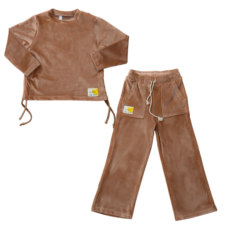 Trening Catifea Evazat 2 Piese, "Amber" Bluza Cu Snururi Laterale Si Pantaloni Lungi, Mink