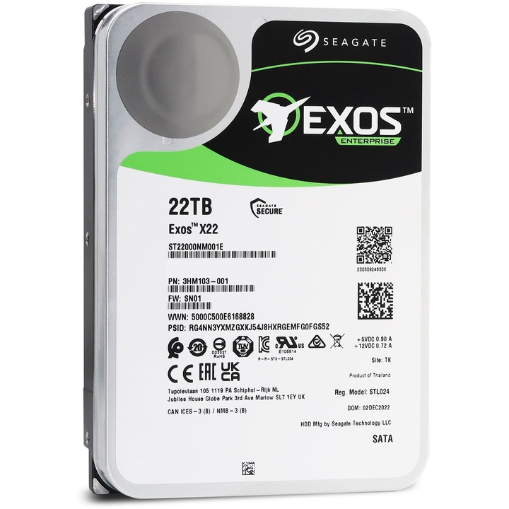 Хард диск Seagate Exos X22 ST22000NM001E - Hard drive - 22 TB - internal - 3.5" - SATA 6Gb/s - 7200 rpm - buffer: 512 MB ST22000NM001E