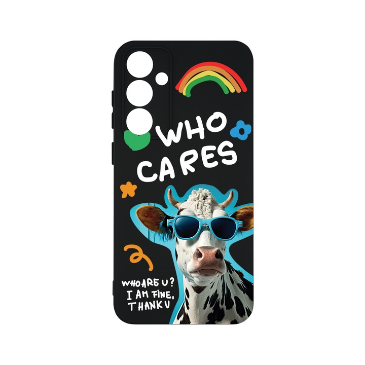 Husa BestCase® Premium Silicon, Compatibila Cu Samsung Galaxy A55 5G, Cool Cow - Who Cares?, SLIM 1.2MM, Microfibra in interior, Antisoc, Protectie Camera, Margini ridicate pentru protectia ecranului, PB 975