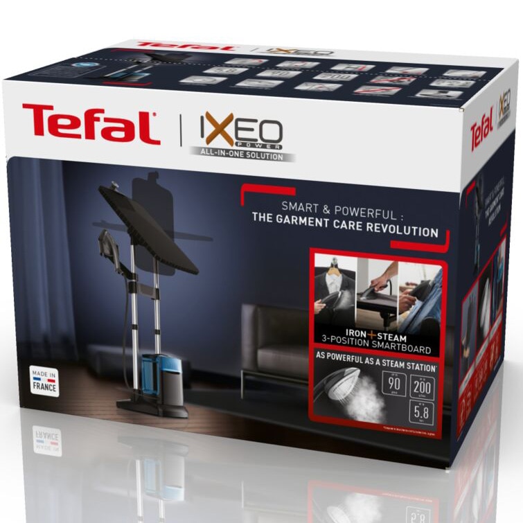 Aparat de calcat cu aburi Tefal Ixeo Power All-in-One QT2022E1, 2170W, 5.8 bari, jet de abur 200 g/min, abur variabil 0-90 g/min, rezervor apa 1.1L, 3 pozitii de calcare, incalzire rapida in 70s, negru/albastruQT2022E1