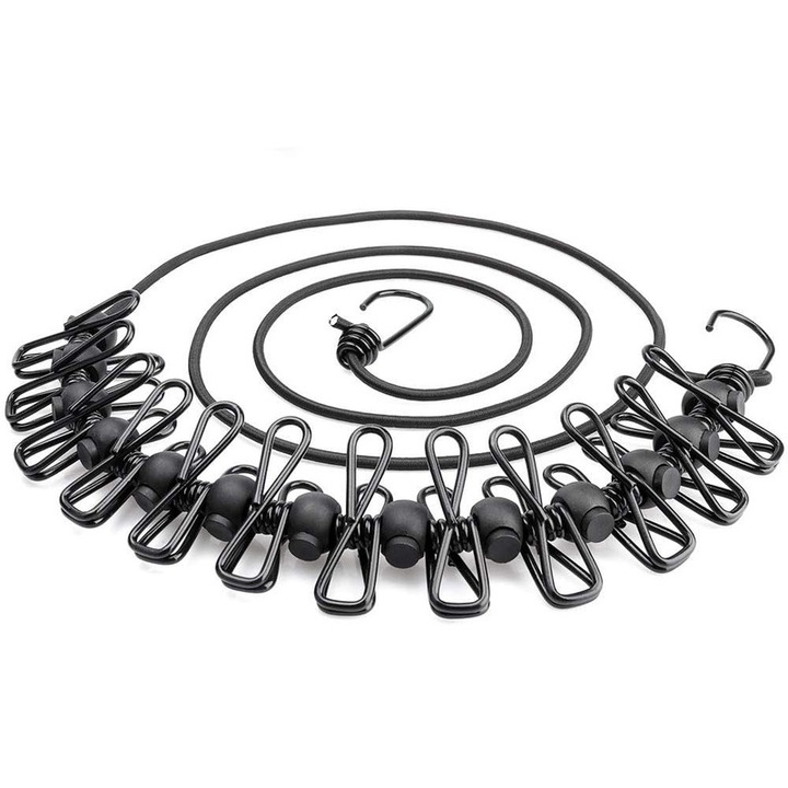 Franghie elastica retractabila pentru haine cu 12 cleme, Ronyes®, 180 cm, Negru