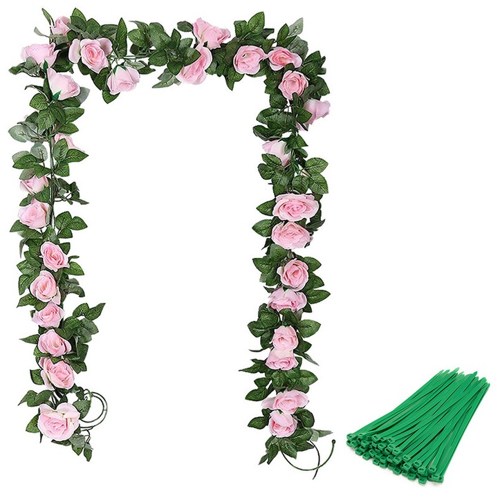Set 2 plante artificiale, Ronyes®, Plastic, 220cm, 16 flori, Roz