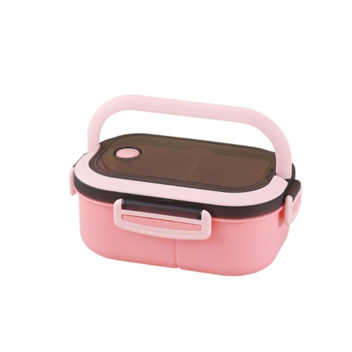 Cutie alimentara compartimentata si supraetajata, cu supapa, plastic, dimensiuni 14.5 x 21 x 8 cm, culoare roz