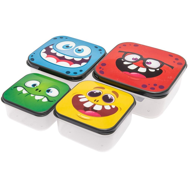 Set 4 caserole alimentare cu capac pentru copii, 300ml, 450ml, 650ml, 1000ml