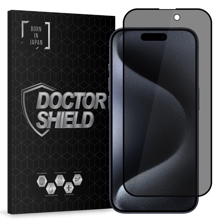Folie Sticla Dr.Shield, Compatibil Apple iPhone 15 Pro, Protectie Profesionala 3D, Full Cover, Model Privacy