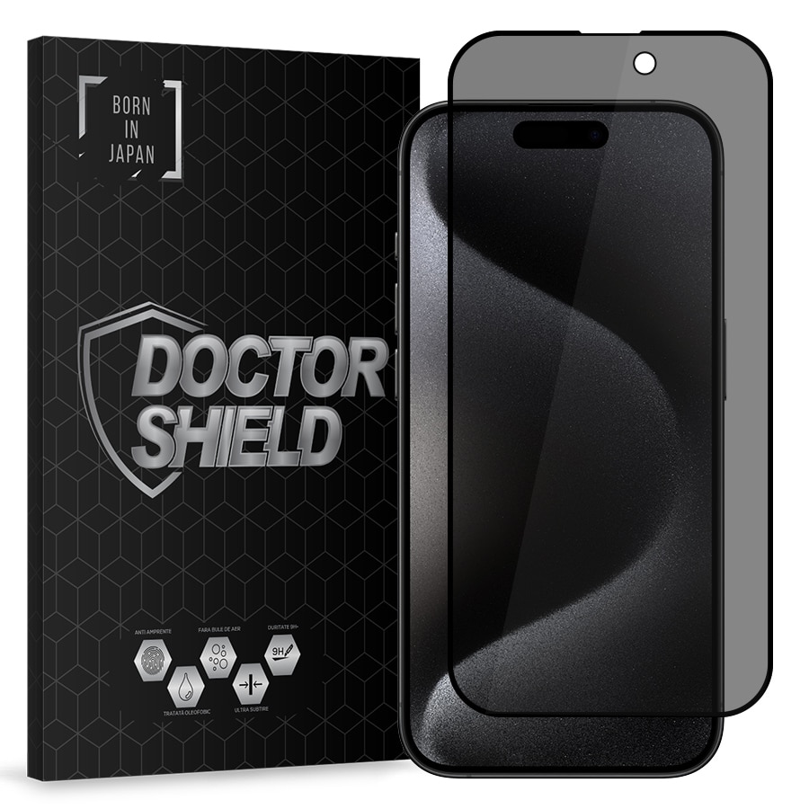 Folie Sticla Dr.Shield, Compatibil Apple iPhone 15 Pro Max, Protectie Profesionala 3D, Full Cover, Model Privacy