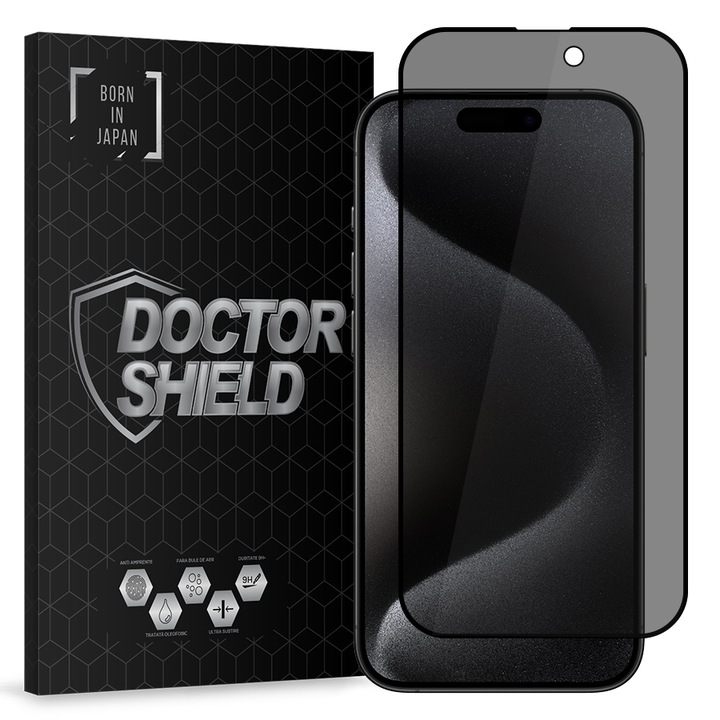 Стъклен протектор за екран Dr.Shield, съвместим с Apple iPhone 15 Pro Max, професионална 3D защита, пълно покритие, модел за поверителност