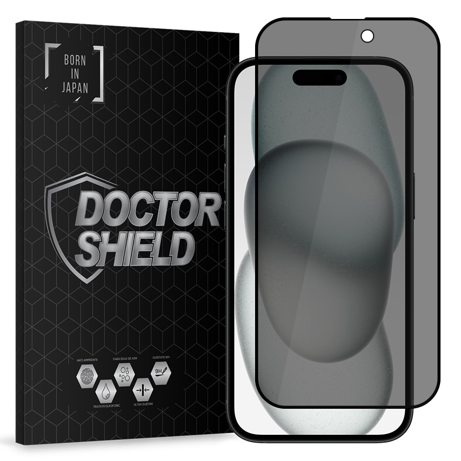 Folie Sticla Dr.Shield, Compatibil Apple iPhone 15, Protectie Profesionala 3D, Full Cover, Model Privacy