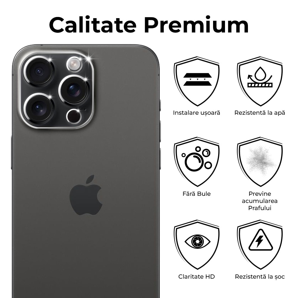 Set 2 Bucati, Folie Sticla Camera Dr.Shield, Compatibila Apple iPhone 15 Pro Max, Full Cover
