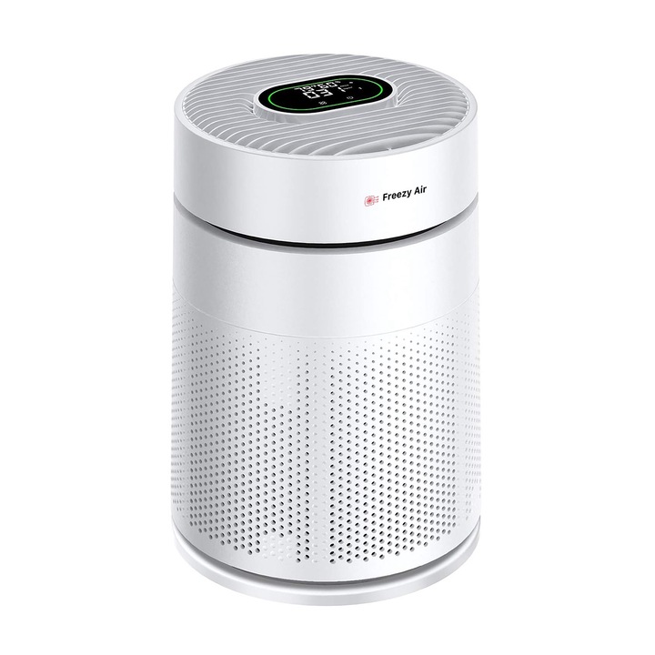 Пречиствател на въздух Freezy Air® Purley F20, Сензор PM 2.5, Филтър True HEPA с 4-степенен активен въглен, 3 скорости, Автоматичен режим, 360-градусова циркулация, Индикатор за качество на въздуха, Таймер, Нощен режим, Термометър и хигрометър, Покритие 3