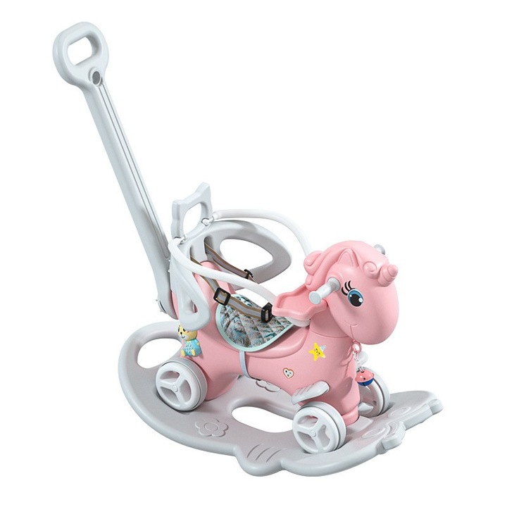 Balansoar 3 in 1 transformabil in vehicul fara pedale cu maner parental, roti EVA, centuri de siguranta, jucarie muzicala, spatar si bara de siguranta detasabile Nichiduta Garden Cleo Pink