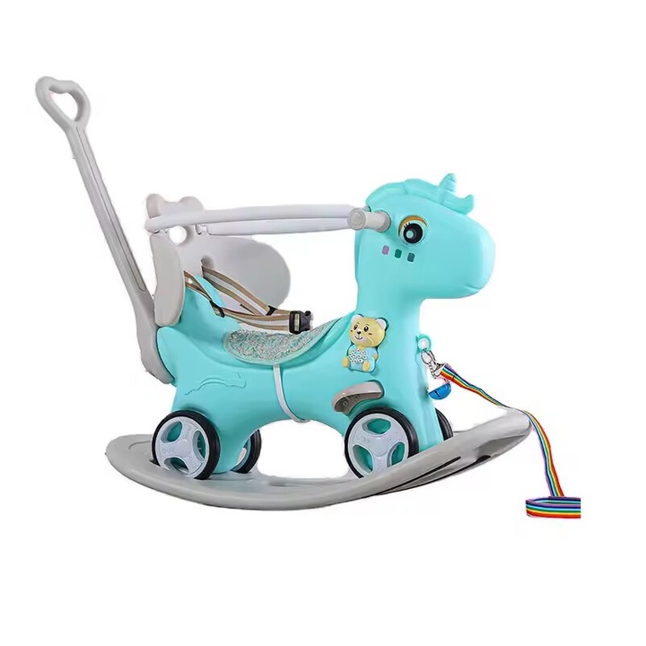 Balansoar 3 in 1 Nichiduta Garden Happy Unicorn Blue transformabil in vehicul fara pedale cu maner parental, roti EVA, centuri de siguranta, jucarie muzicala, spatar si bara de siguranta detasabile
