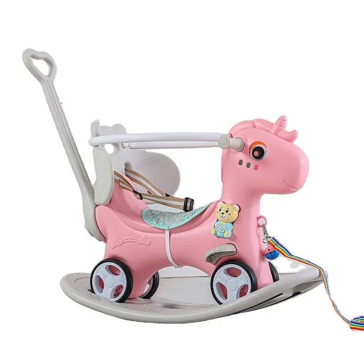 Balansoar 3 in 1 Nichiduta Garden Happy Unicorn Pink transformabil in vehicul fara pedale cu maner parental, roti EVA, centuri de siguranta, jucarie muzicala, spatar si bara de siguranta detasabile