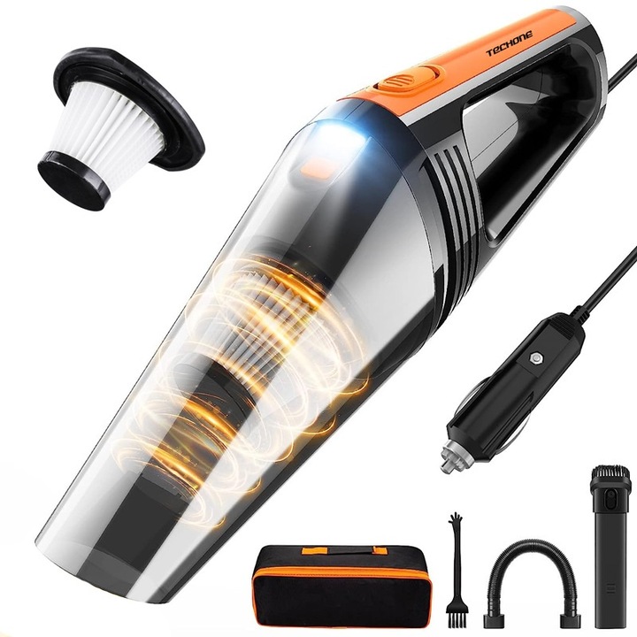 Techone® Vaccu Pro hordozható autóporszívó, 8000 Pa, 100 W, LED lámpa, hosszabbító tömlő, tartalék szűrő, HEPA szűrő, nedves / száraz, 5 m-es kábel, tárolótáska, fekete