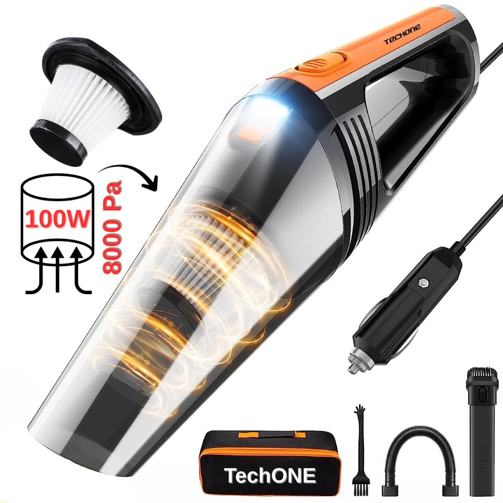 Aspirator Auto Portabil Techone® Vaccu Pro, 8000 Pa, 100W, Lumina LED, Furtun Extensie, Filtru Rezerva, Filtru HEPA, Umed / Uscat, Cablu 5m, Geanta Depozitare, Negru