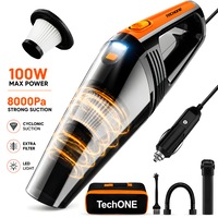 Aspirator Auto Portabil Techone® Vaccu Pro, 8000 Pa, 100W, Lumina LED, Furtun Extensie, Filtru Rezerva, Filtru HEPA, Umed / Uscat, Cablu 5m, Geanta Depozitare, Negru